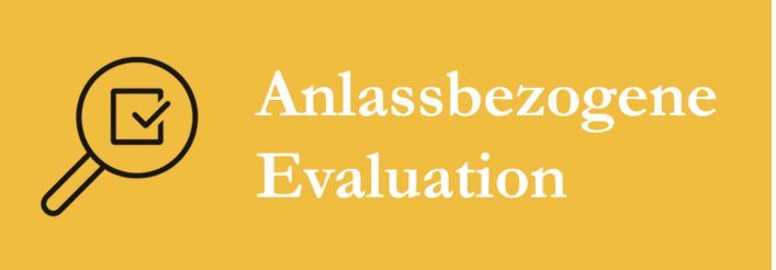 Grafik mit Text "Anlassbezogene Evaluation" und einem Icon zur Visualisierung (Lupe mit einer Checkbox)