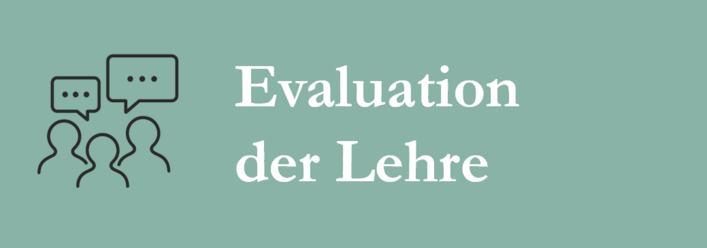 Grafik mit Text "Evaluation der Lehre" und einem Icon zur Visualisierung (drei Figuren mit Sprechblasen)